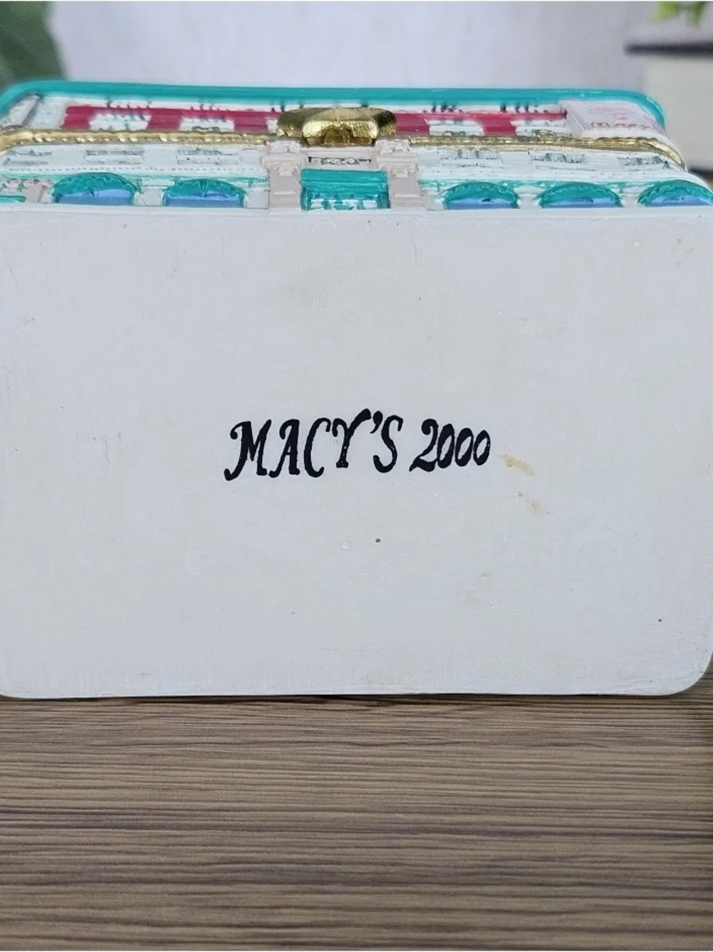 Macy's Ceramic Trinket Box in White, Teal & Gold Accents year 2000
